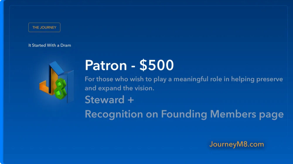 Patron — $500+. For those who wish to play a meaningful role in helping preserve and expand the vision. Everything above, Recognition on Founding Members page, Future special edition consideration.