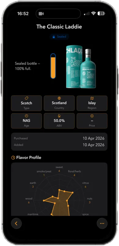 JourneyM8 bottle detail screen showing The Classic Laddie with its 12-axis flavour spider graph