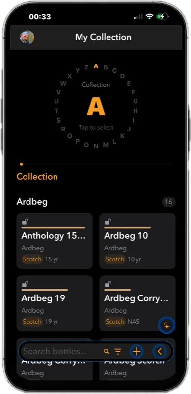 JourneyM8 My Collection: alpha selector and a shelf of bottles with status, region, and age
